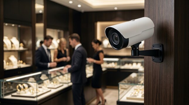 Security camera monitors shop interior and jewelry display cases for protection.