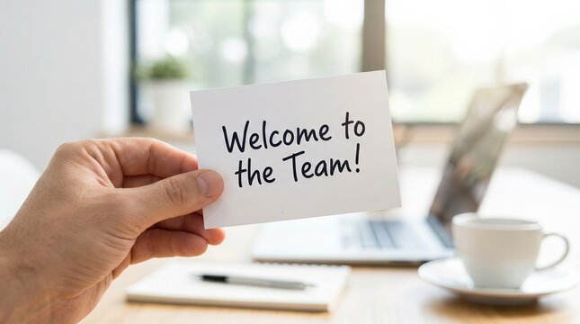 Hand holding a white card with Welcome to the Team text in a bright office.