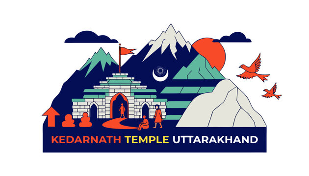 Very beautiful realistic vector of a classic travel welcome sign featuring a bold label reading "KEDARNATH TEMPLE UTTARAKHAND", decorated with the sacred Kedarnath Temple, majestic Himalayan peaks, sn