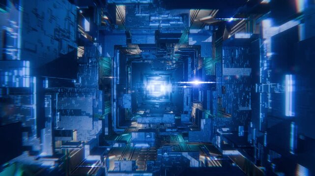A metal corridor with fantastic geometric shapes and looping animation and camera rotation. A futuristic spaceship. A camera pans through an endless tunnel with flashes of light.