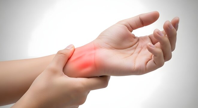Person holding painful wrist with red highlight indicating injury, inflammation, or carpal tunnel syndrome. Healthcare concept.
