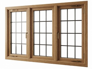 Fototapeta premium Three section wooden window frame with metal grid, brass handles. Brown oak timber structure isolated on white background. Classic house building construction element for architectural design