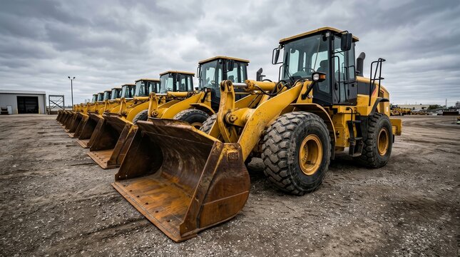 Row of yellow heavy equipment front loaders parked outdoors in a lot.