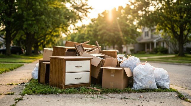 Discarded household items and furniture clutter the residential street curb for bulk waste collection.