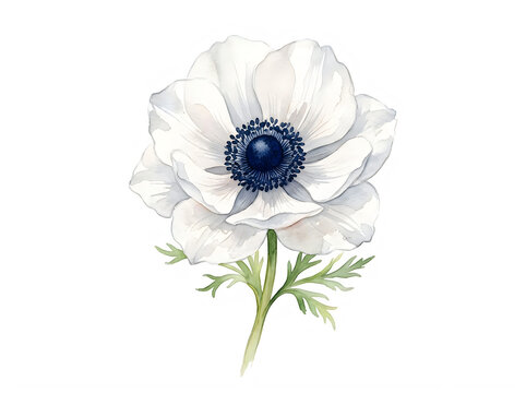 Beautiful white anemone flower with dark center isolated on transparent background