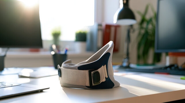 Cervical collar office desk, neck brace on clean desk in bright natural window light, minimalist workspace with soft shadow and negative space