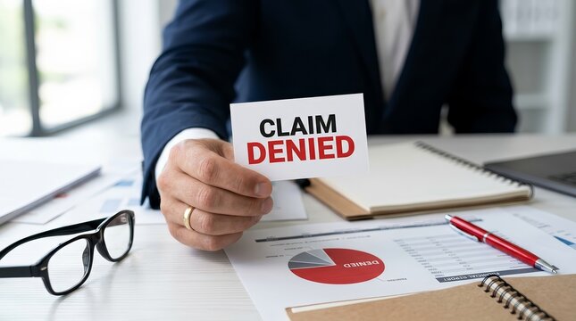 Hand holding a business card with Claim Denied text on an office desk.