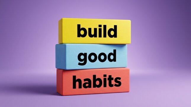 Colorful wooden blocks stacked with the phrase build good habits for self-improvement and personal growth.