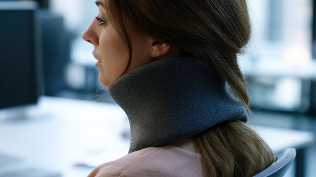 Cervical collar neck support office desk close up soft foam support collar woman profile modern workspace daylight calm posture