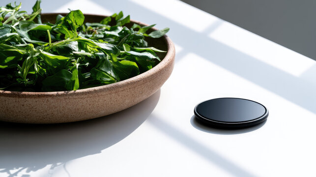 Continuous glucose monitor patch salad bowl green salad white surface healthy nutrition glucose control minimal composition natural light