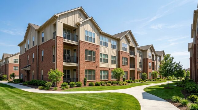 Modern multifamily housing property with brick and siding facades and private balconies.