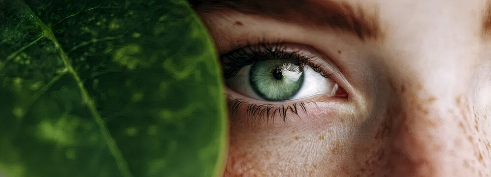 Model with natural make up and green leaf. Spa and wellness. Youth, teens and skin care concept. Close up, selective focus, copyspace.