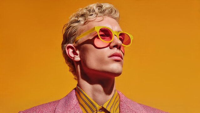A blond man in yellow glasses and a pink jacket.