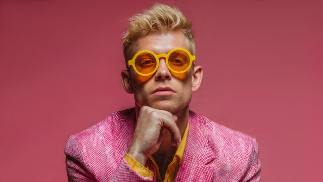 A blond man in yellow glasses and a pink jacket.