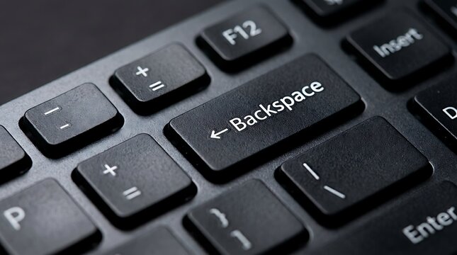 Close up view of the backspace key on a black computer keyboard