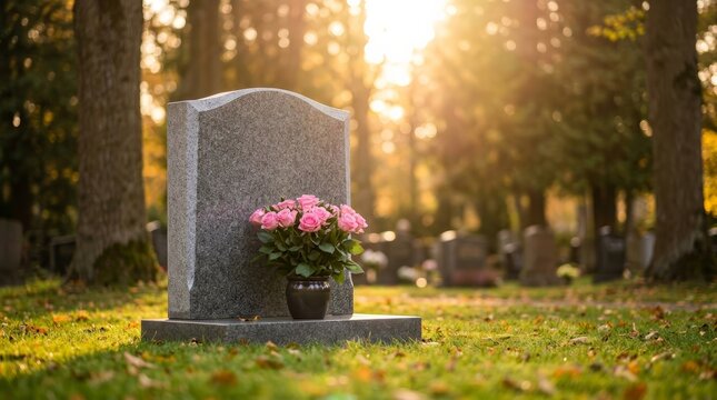 Serene graveyard with a stone monument and pink roses under the autumn sun.