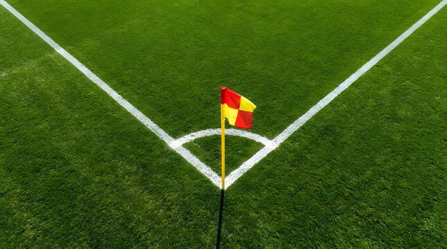 Red and yellow corner flag on a bright green grass soccer pitch with white lines for professional sports betting ads and athletic tournament promotions