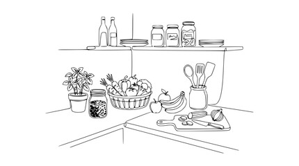 Naklejka premium Minimalist Continuous Line Drawing of a Kitchen Counter with Fresh Vegetables and Utensils