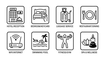 Fototapeta premium Minimalist Linear Hotel Amenity and Hospitality Service Icon Set for Travel and Tourism Web Design