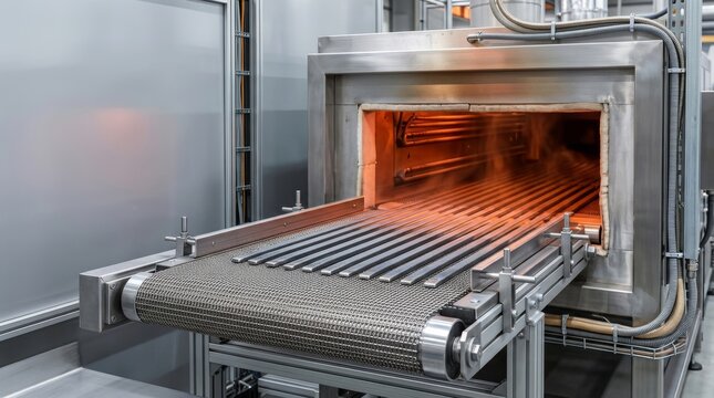 Industrial conveyor belt production line with automatic oven for manufacturing processes in a modern factory setting