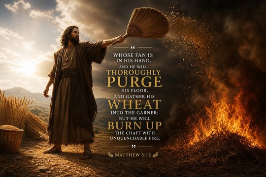 Biblical Poster Illustrating Divine Judgment and Purification from Matthew 3:12, Featuring Wheat, Chaff, and Unquenchable Fire