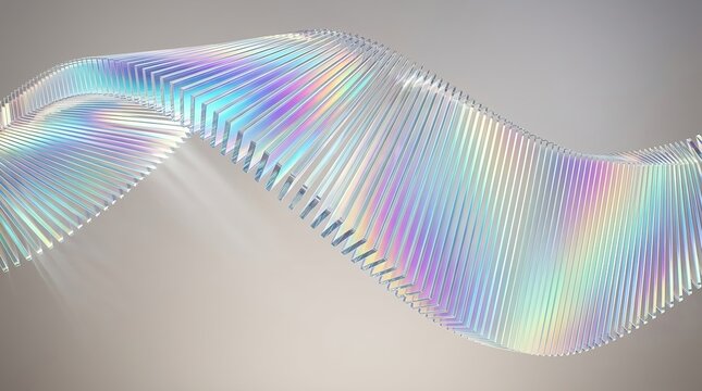Abstract wave of transparent glass rectangles with iridescent light reflections creating a modern geometric 3d background design