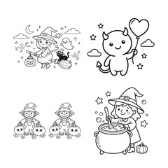 Naklejka premium Set of cute halloween coloring page illustrations featuring a little devil witch pumpkins and spooky festive elements