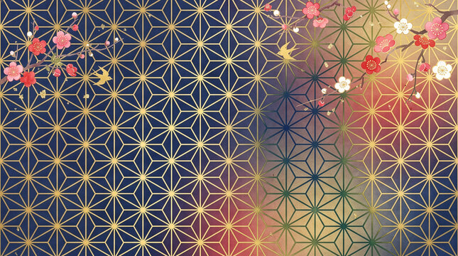 Traditional Japanese Asanoha pattern with plum blossoms and gold details