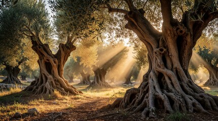 Fototapeta premium Ancient olive trees stand in sunlit grove. Twisted trunks, exposed roots create textured patterns. Golden light beams filter through leaves, casting soft shadows on ground. Peaceful, rustic scenery.