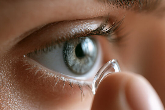 Person inserting contact lens into eye, close-up view of eye and lens