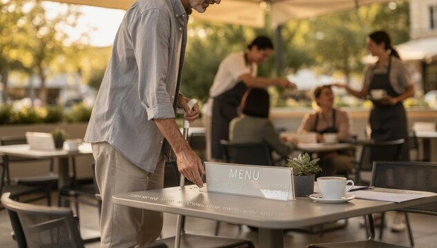 Outdoor canopy scene featuring a visually impaired customer guided by braille signage low tables in focus with soft background of staff assisting.