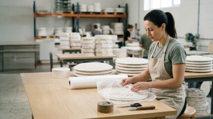 Fototapeta premium Woman carefully packaging decorative gypsum ceiling rosettes with bubble wrap in a bright factory, highlighting craftsmanship and care in manufacturing.