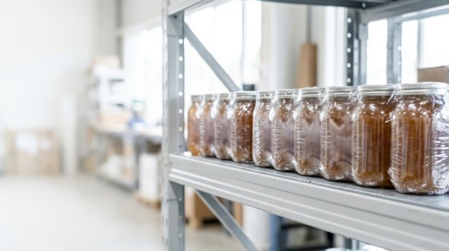 Jars of product in shrink wrap neatly arranged on industrial warehouse shelves, clean lighting and copy space