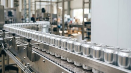 Fototapeta premium Aluminum cans move along a clean, modern factory production line, offering ample copy space for packaging concepts