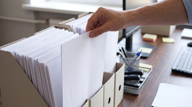 Office Worker Organizing and Sorting Paper Documents in Desktop File Sorters, Administrative Work and Paperwork Management Concept.