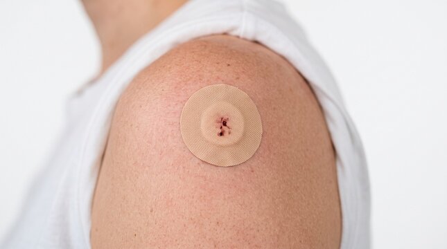 Close up of a person's shoulder with a bandage over a vaccination site showing minor bleeding