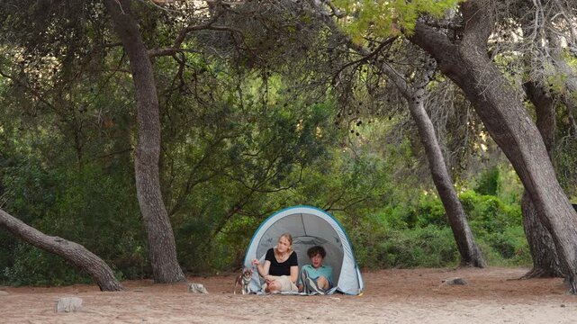 A mother and her teenage son relax inside a camping tent in a pine forest, talking and playing with their small chihuahua dog on a warm summer day