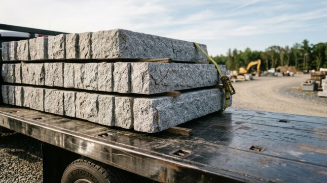 Stacked granite curbstones on flatbed truck ready for construction project, copy space in background
