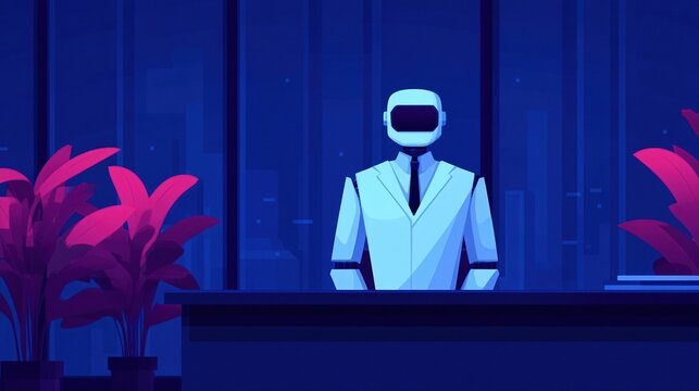 A futuristic robot in a suit stands behind a sleek desk, surrounded by stylized plants, set in a modern, neon-lit office environment.