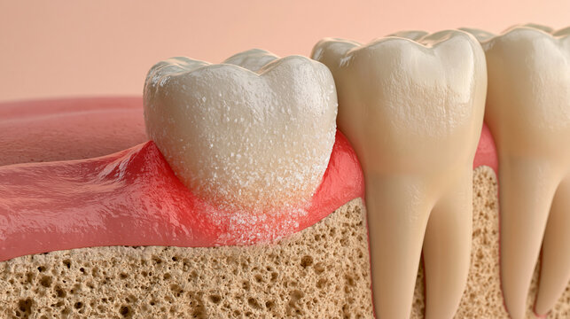 3D medical illustration of dental plaque and tartar buildup on human teeth causing gum inflammation. Ideal for dental health and oral hygiene awareness campaigns.