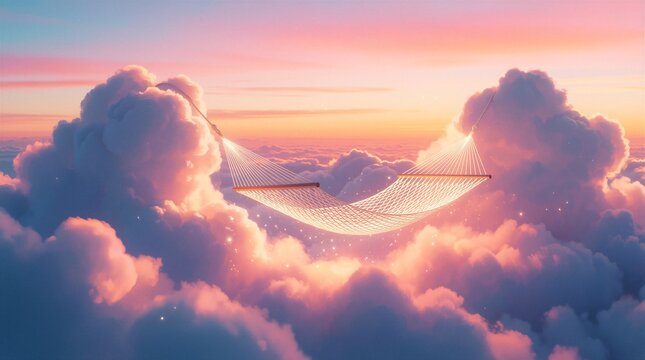 Empty hammock suspended in dreamlike sky. Soft clouds glow with sunset hues of pink and orange. Serene ethereal scene offers peaceful escape.