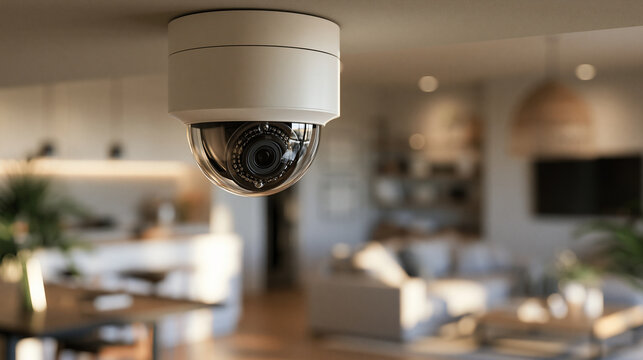 Modern indoor security dome camera mounted on a ceiling monitoring a contemporary living room. Ideal for smart home safety and surveillance concepts.
