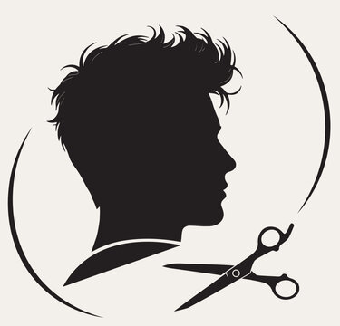Barbershop logo with male silhouette and hair cutting scissors modern vector icon