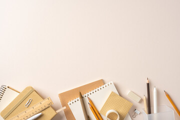 Back to school flat lay with notebooks pencils ruler and simple stationery on a beige desk © ActionGP
