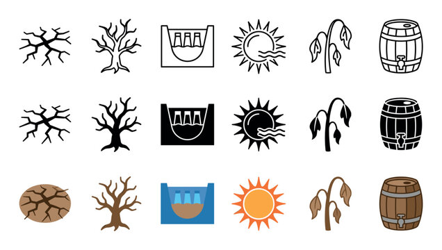 Drought and water scarcity icons representing environmental crisis and global climate change challenges, illustrating impacts on nature and resources in a grid.
