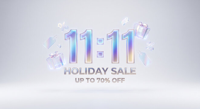 3D holographic 11:11 holiday sale banner with iridescent numbers and floating gift boxes.