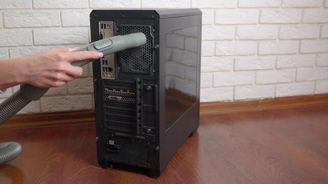 Person cleaning desktop computer with vacuum cleaner. Professional technician using a vacuum cleaner to remove dust from the vents of a personal computer case, providing essential hardware maintenance