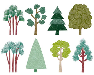 Eight stylized tree illustrations for design projects. Vector-style botanical graphics with transparent backgrounds for seamless integration. © JS Media
