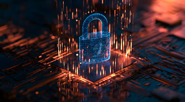 Glowing futuristic digital padlock symbol on a blockchain circuit board background representing cyber security, data protection, internet privacy, information encryption, and network safety technology