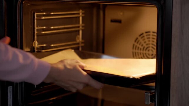 Hands slide parchment lined baking tray into warm oven during home baking. Concept of pastry preparation and baking process